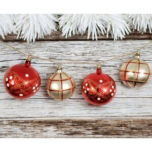 4 Glass Christmas Ornaments Red Gold Glitter Stars Dots Stripes Balls Columbia